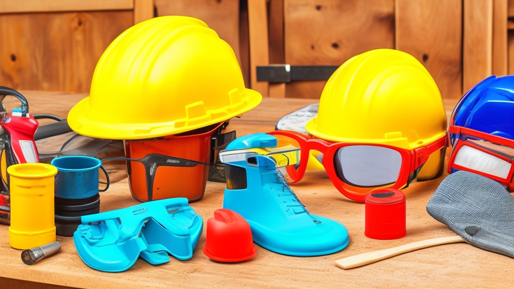 Biztonsági felszerelés fűkasza karbantartáshoz munkaterületen elrendezve kesztyű védőszemüveg maszk megfelelő világítás