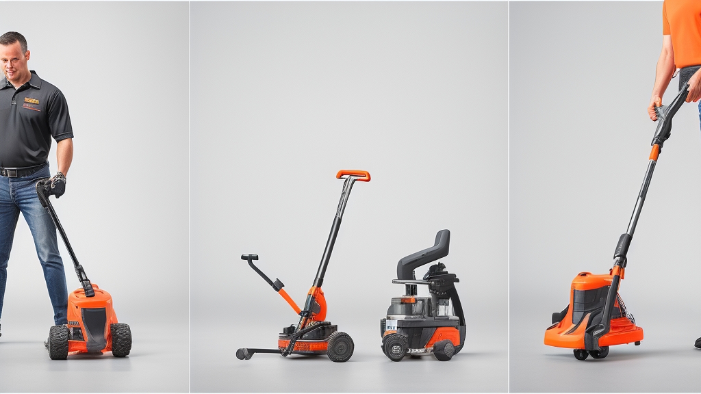 Személy tartja kéttaktú és négytaktú fűkaszát súly és méret különbségek bemutatására ergonómiai szempontból