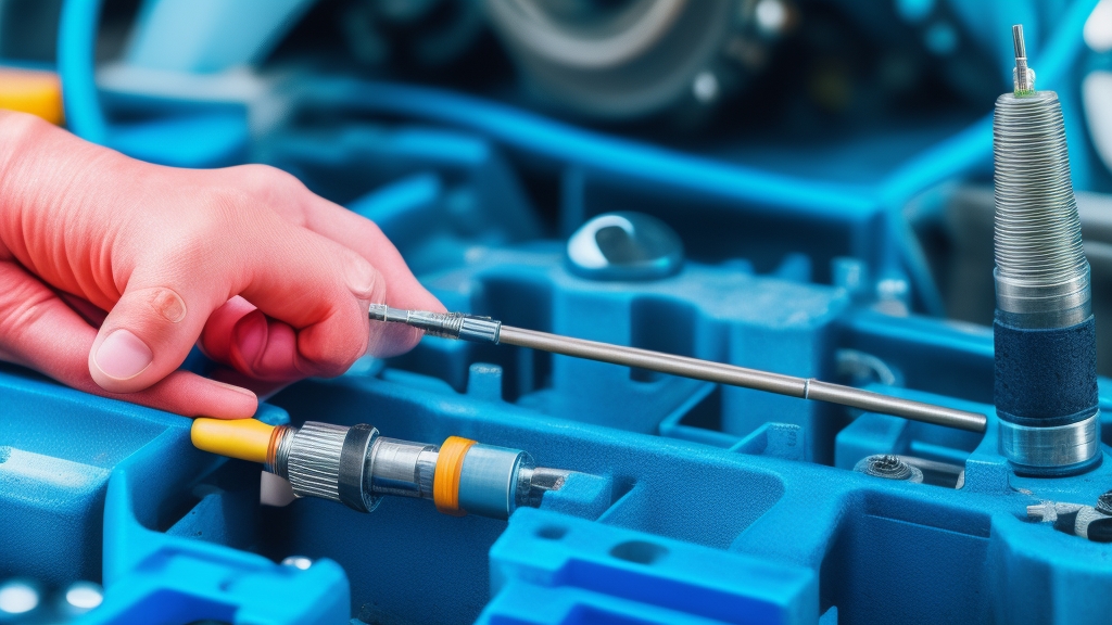 Közeli részletes gyújtógyertya karbantartás kezek tartják a gyújtógyertyát tisztító eszközökkel elektroda távolság mérése